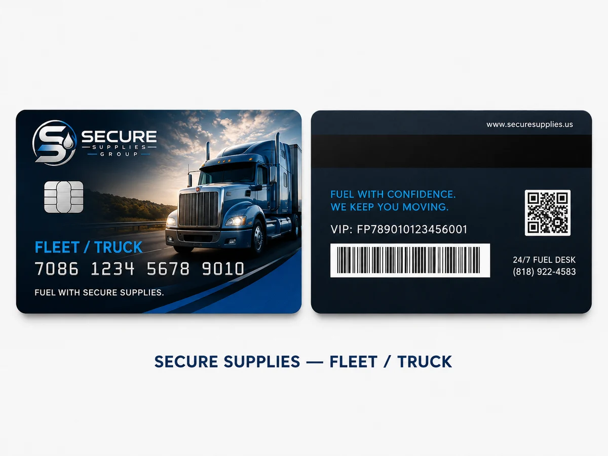 Secure Supplies Fleet / Truck membership credential concept, front and back, navy card with a highway semi truck
