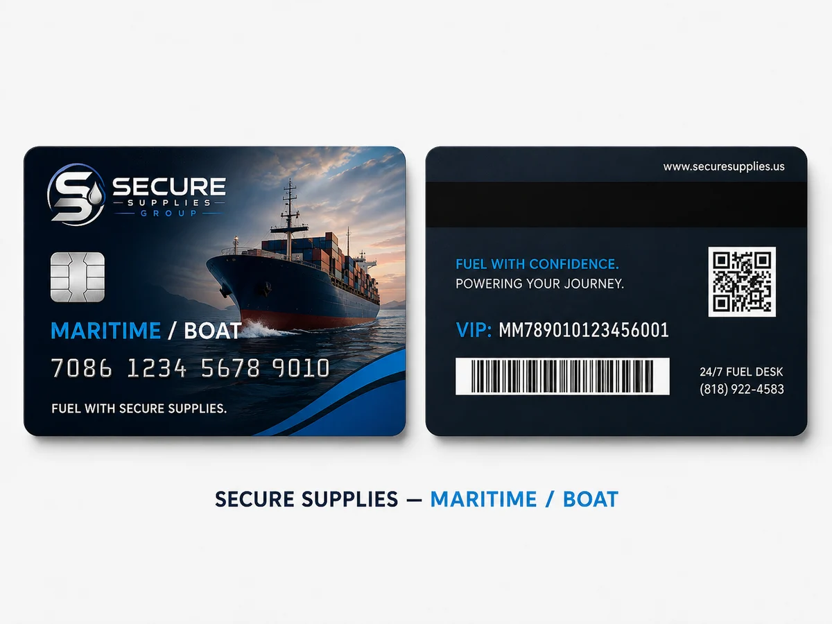 Secure Supplies Maritime / Boat membership credential concept, front and back, navy card with a container ship at sea