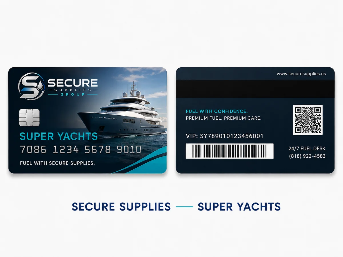 Secure Supplies Super Yachts membership credential concept, front and back, navy card with a motor superyacht