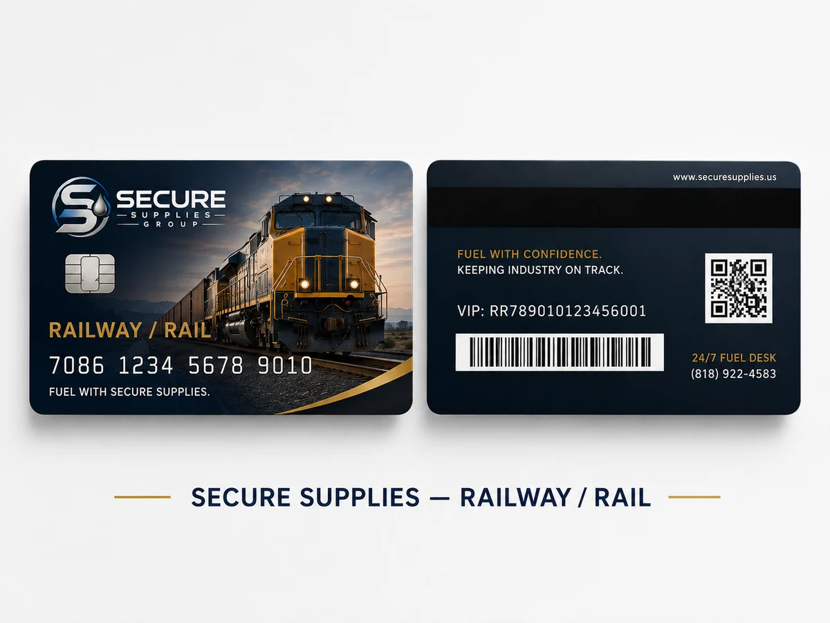 Secure Supplies Railway / Rail membership credential concept, front and back, navy card with a freight locomotive
