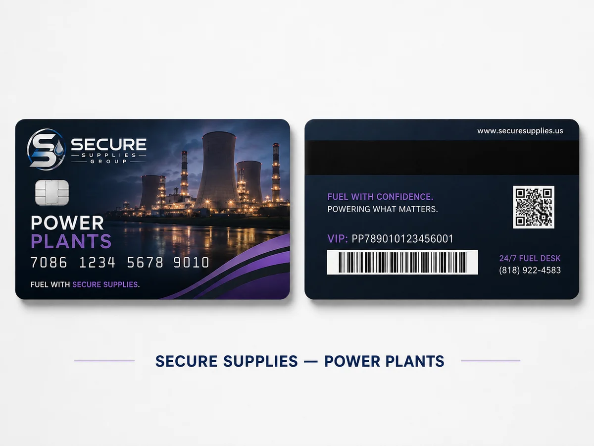 Secure Supplies Power Plants membership credential concept, front and back, navy card with a lit generating station and cooling towers