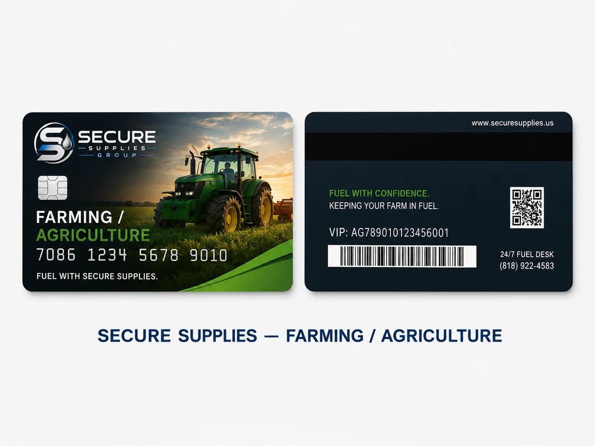 Secure Supplies Farming / Agriculture membership credential concept, front and back, navy card with a tractor working a field