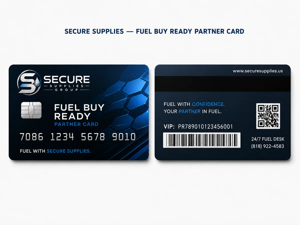 Secure Supplies Fuel Buy Ready Partner membership credential concept, front and back, navy card with a blue geometric pattern