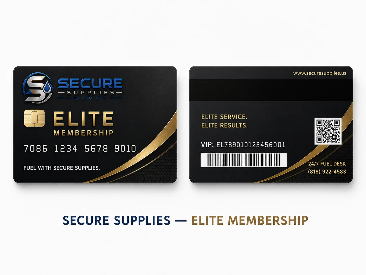 Secure Supplies Elite Membership credential concept, front and back, black card with gold detailing