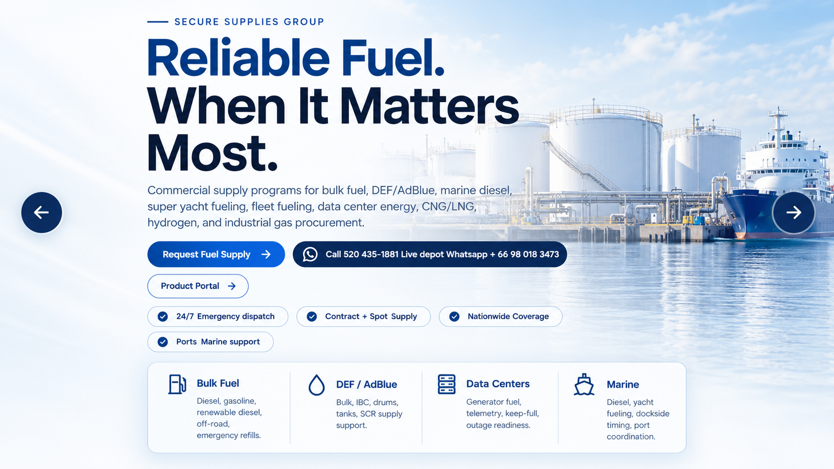 Reliable fuel when it matters most: commercial supply programs for bulk fuel, DEF/AdBlue, marine diesel, fleet fueling, data center energy, CNG/LNG, hydrogen and industrial gas, with 24/7 emergency dispatch and nationwide coverage.